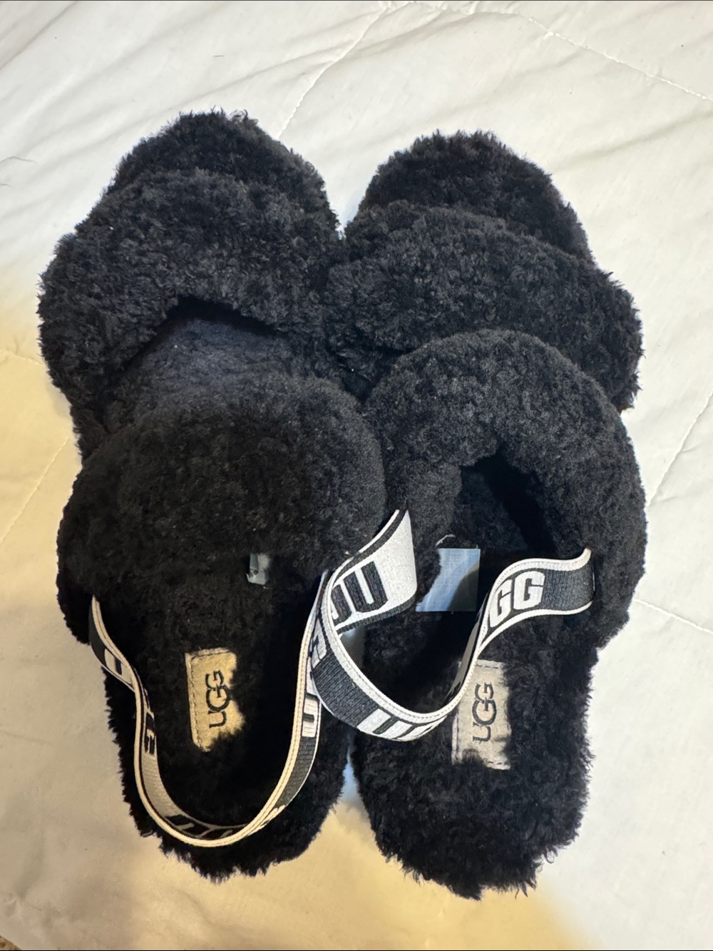 UGG Black Fluff Slide Sandals with Branded Elastic Strap